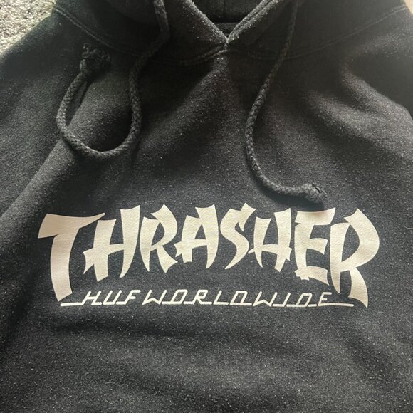 HUF x Thrasher Collab Hoodie Skate Vintage Small Gray Worldwide Streetwear Y2K - Picture 2 of 8